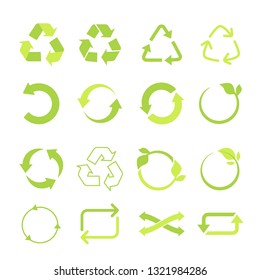 Recycled eco vector icon set, cycle and triangle arrows in a flat style. Recycled green arrows eco sign set. Vector illustration isolated on white background.