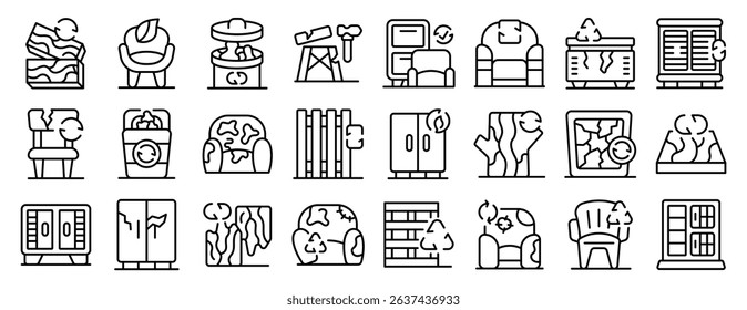 Recycled furniture icons set. Furniture recycling process, from discarding old items to transforming them into reusable materials, promoting sustainability and reducing waste