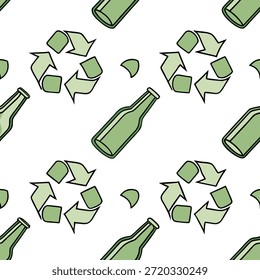Recycled Glass Elements concept as A seamless vector design featuring recycled glass elements symbolizing sustainability for New Year 2026. The camera captures the textures and colors creating an eco friendly atmosphere for infographics. in Photo Stock Concept , copy space for advertisement or banner with Photo Realistic as high Quality Detail --ar 7:2