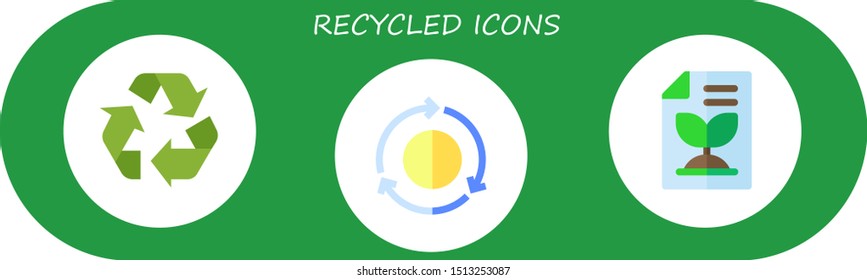 recycled icon set. 3 flat recycled icons.  Collection Of - recycle sign, reuse, recycled paper icons