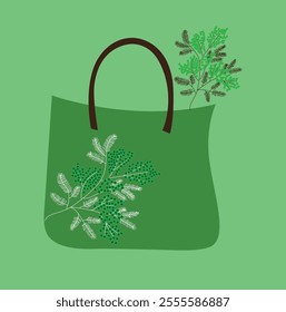 Recycled kraft paper bag. Sustainable shopping packaging concept. Green shopping eco bag. Eco friendly organic buying, zero waste purchasing, and