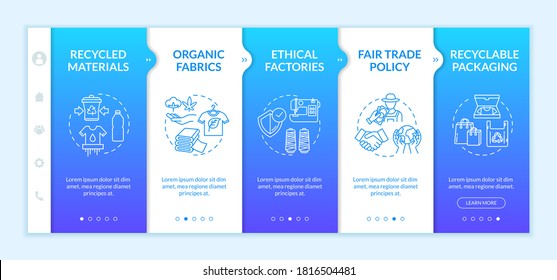 Recycled material production onboarding vector template. Organic fabric. Ethical factory. Fair trade policy. Responsive mobile website with icons. Webpage walkthrough step screens. RGB color concept