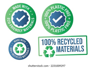 Recycled materials abstract,  vector icon set :100% plastic free, made with 100% recycled materials, Green in color