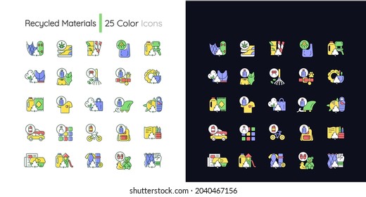 Recycled materials light and dark theme RGB color icons set. Sustainable option. Eco friendly product. Isolated vector illustrations on white and black space. Simple filled line drawings pack