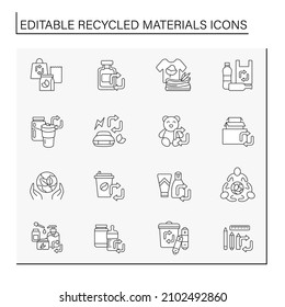 Conjunto de iconos de línea de materiales reciclados. Productos reutilizables. Desperdicios de vidrio, plástico y papel. Concepto de ecología. Ilustraciones vectoriales aisladas. Trazo editable