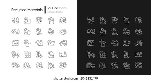 Recycled materials linear icons set for dark and light mode. Sustainable option. Eco friendly product. Customizable thin line symbols. Isolated vector outline illustrations. Editable stroke