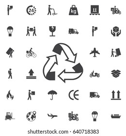 recycled package packaging icon for use on cardboard boxes, packages and parcels. Set of Post delivery icons