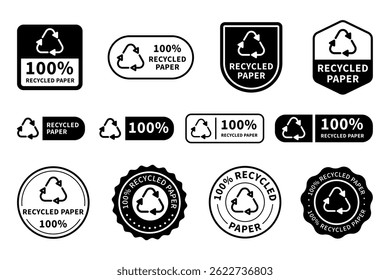 Conjunto de insignias de papel reciclado. Iconos de Producto de economía circular con texto