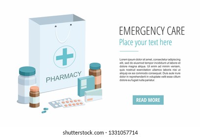 Recycled paper bag with medical equipment and pharmacy on white. 3D vector Illistration