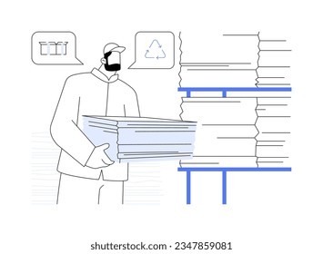 Abstraktes Recycling-Papier und abstraktes Pappkonzept, Vektorgrafik. Arbeitnehmer, die Recyclingkarton in Händen halten, nachhaltige Verpackungsherstellung, abstrakte Metapher für den Produktionssektor.