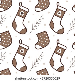 Navidades de papel reciclado Concepto de calcetín Un fondo mínimo sin fisuras con un patrón repetitivo de medias de Navidades hechas de papel reciclado que simboliza una temporada navideña sostenible y festiva. La cámara captura los tonos terrosos y texturas sutiles creando un diseño limpio y ecológico. en Photo Stock Concept, espacio de copia para publicidad o Anuncio con Photo Realistic como detalle de alta calidad --ar 7:2