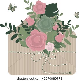 Recycled Paper Envelope with Vintage Rose Bouquet and Butterflies isolated on white background. Eco-friendly recycling message. Ecological love concept. Valentine, birthday or wedding concept. Vector 