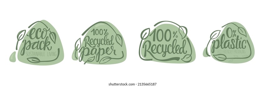 Recycled paper, plastic, eco packaging lettering set. Vector stock illustration isolated on white background for label, wrapping, package. EPS10