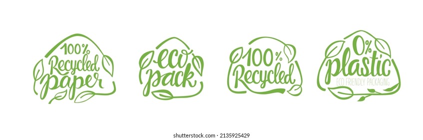 Recycled paper, plastic - eco packaging lettering set. Vector stock illustration isolated on white background for label, wrapping, package. Stickers for bottle, shopping bag. EPS10