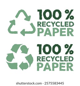 Recycled paper vector logo badge. 100% recycled materials. Hand drawn flat vector illustrations on white background.