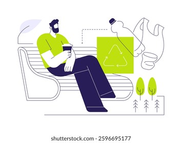 Recycled park benches abstract concept vector illustration. Smiling man sitting on a park bench from recycled materials, ecology environment, sustainable manufacturing abstract metaphor.