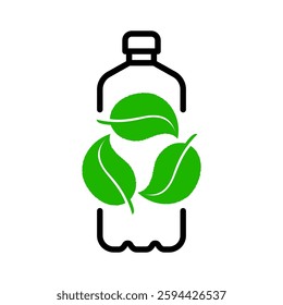 Recycled plastic bottle with leaves form recycling process symbol. Environmental conservation, waste reduction and reusable package icon. Clean ecology focus on nature and water logo