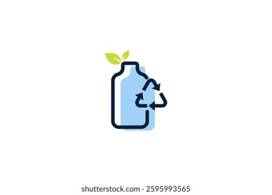 Recycled plastic bottle logo icon with recycling arrow in flat design style
