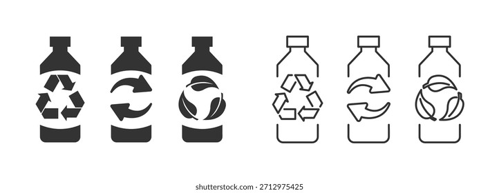Logo-Symbol aus recycelter Plastikflasche mit Recycling-Pfeil und grünen Blättern. Plastikflasche und Recyclingpfeile. Verpackungen für PET-Lebensmittel und -Getränke. Plastikflaschensymbol recyceln. Flasche mit Recyclingsymbol.