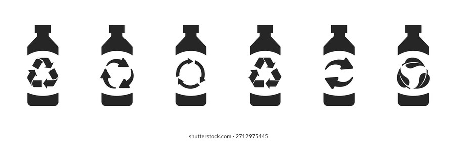 Logo-Symbol aus recycelter Plastikflasche mit Recycling-Pfeil und grünen Blättern. Plastikflasche und Recyclingpfeile. Verpackungen für PET-Lebensmittel und -Getränke. Plastikflaschensymbol recyceln. Flasche mit Recyclingsymbol.