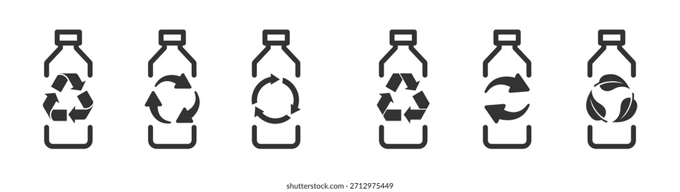 Logo-Symbol aus recycelter Plastikflasche mit Recycling-Pfeil und grünen Blättern. Plastikflasche und Recyclingpfeile. Verpackungen für PET-Lebensmittel und -Getränke. Plastikflaschensymbol recyceln. Flasche mit Recyclingsymbol.