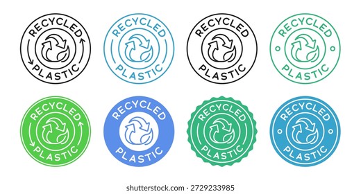 Diseño de Vector de signo de icono de plástico reciclado. Conjunto de insignias de mascotas de reciclaje.
