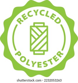 sello verde de poliéster reciclado. Símbolo, icono de contorno, etiqueta, placa, etiqueta, círculo, redondo de vector blanco verde aislado sobre fondo transparente.