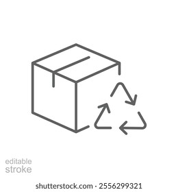 Recycled product packaging icon. Simple outline style. Recycle triangle, cardboard box, seal, cycle, packaging, environmental concept. Thin line symbol. Vector illustration isolated. Editable stroke.