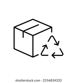 Recycled product packaging icon. Simple outline style. Recycle triangle, cardboard box, seal, cycle, packaging, environmental concept. Thin line symbol. Vector illustration isolated.
