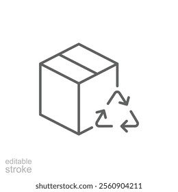 Recycled product packaging icon. Simple outline style. Recycle triangle, cardboard box, seal, cycle, packaging, environmental concept. Thin line symbol. Vector illustration isolated. Editable stroke.