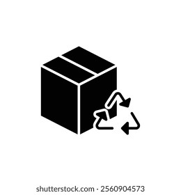 Recycled product packaging icon. Simple solid style. Recycle triangle, cardboard box, seal, cycle, packaging, environmental concept. Black silhouette, glyph symbol. Vector illustration isolated.