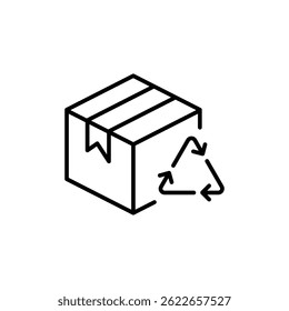 Recycled product packaging icon. Simple outline style. Recycle triangle, cardboard box, seal, cycle, packaging, environmental concept. Thin line symbol. Vector illustration isolated.