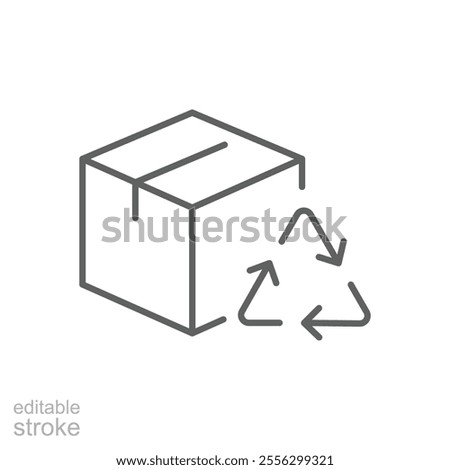 Recycled product packaging icon. Simple outline style. Recycle triangle, cardboard box, seal, cycle, packaging, environmental concept. Thin line symbol. Vector illustration isolated. Editable stroke.