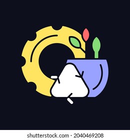 Recycled rubber planters RGB color icon for dark theme. Zero waste lifestyle. Eco friendly plant pots. Isolated vector illustration on night mode background. Simple filled line drawing on black