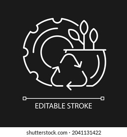 Recycled rubber planters white linear icon for dark theme. Zero waste lifestyle. Eco plant pots. Thin line customizable illustration. Isolated vector contour symbol for night mode. Editable stroke