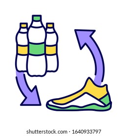 Recycled shoes color line icon. Shoes are made with recycled plastic bottles. Pictogram for web page, mobile app, promo. UI UX GUI design element. Editable stroke.