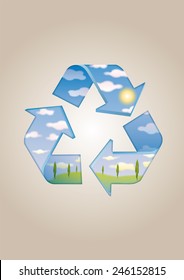 recycled symbol on the sky with the sun and fields