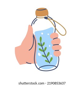 Recycled water bottle in hand. Holding detox aqua drink with rosemary. Healthy summer lemonade, infused beverage with green leaf. Colored flat vector illustration isolated on white background