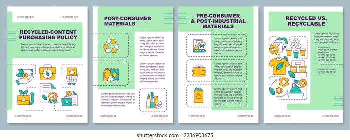 Recycled-content purchasing laws green brochure template. Reusable materials. Leaflet design with linear icons. Editable 4 vector layouts for presentation, annual reports. Arial, Myriad Pro fonts used