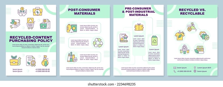 Recycled-content purchasing policy green brochure template. Leaflet design with linear icons. Editable 4 vector layouts for presentation, annual reports. Arial-Black, Myriad Pro-Regular fonts used