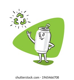 Recycling Of Aluminum Cans Vector Illustration. Aluminium Can Cartoon Character And Recycle Sign Graphic Design.
