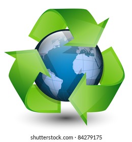 Recycling arrows and blue earth. Vector illustration