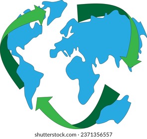 Reciclando flechas con el mapa de la Tierra. Ilustración vectorial del concepto del Día de la Tierra. Logo del reciclaje de basura. Reutilizar Reducir reciclaje. Consumo consciente.