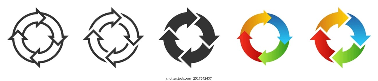 Recycling arrows icon in outline, solid, and multicolor styles. Ideal for eco-friendly, sustainability, or environmental designs. Vector illustration