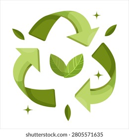 Recycling arrows with leaves in flat style on white background, concept of ecology and sustainability. Vector illustration