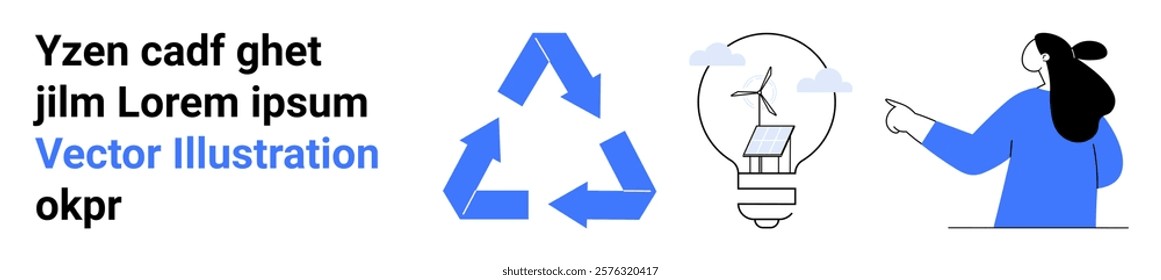 Recycling arrows, light bulb with solar panel, and a person pointing. Ideal for sustainability, ecology, green energy, environmental awareness, educational materials. Banner for landing page
