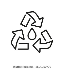 Recycling Arrows With Water Drop Line Icon. Water Conservation And Sustainable Resource Management Outline Icon. Eco-Friendly Practices and Protection. Editable Stroke. Isolated Vector Illustration.