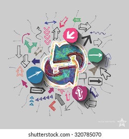 Recycling arrows and arrows web icons set. Collage. Isolated. Vector illustration