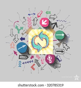 Recycling arrows and arrows web icons set. Collage. Isolated. Vector illustration