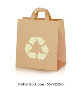 Recycling Bag Vector. Brown Paper Lunch Kraft Bag With Recycling Symbol. Ecologic Craft Package. Isolated Illustration